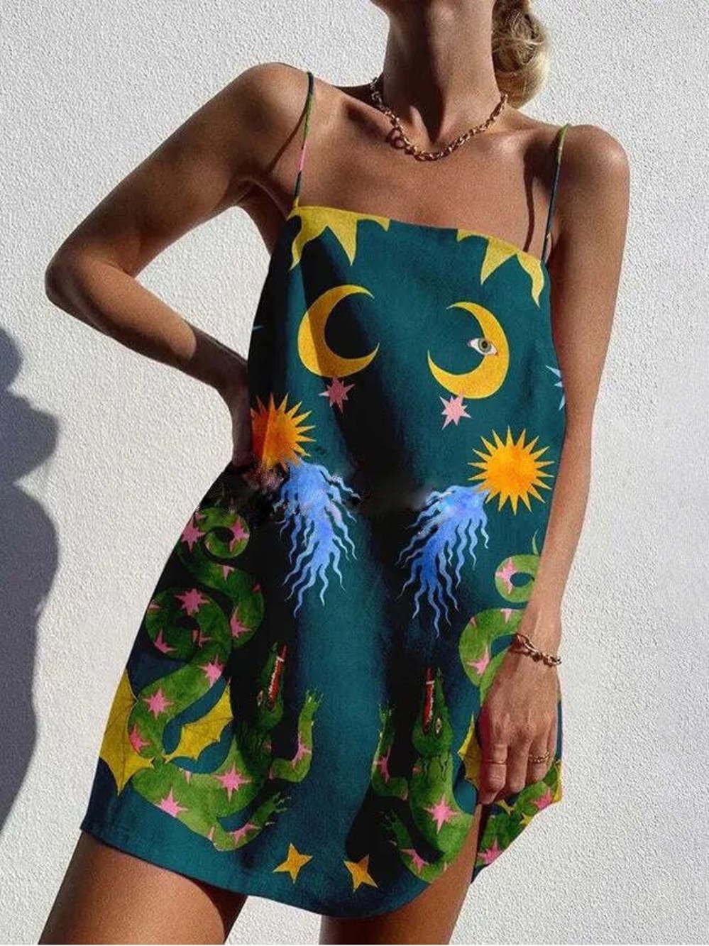Celestial Moon Sun Crocodile Snake Printed Mini Slip Dress Green Linen Blend M